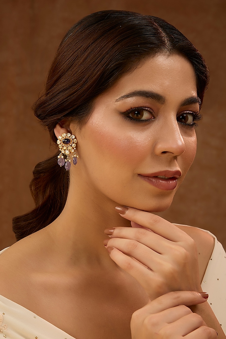 Gold Plated White Kundan Polki Drop Earrings In Sterling Silver by KARISA DESIGNS at Pernia's Pop Up Shop