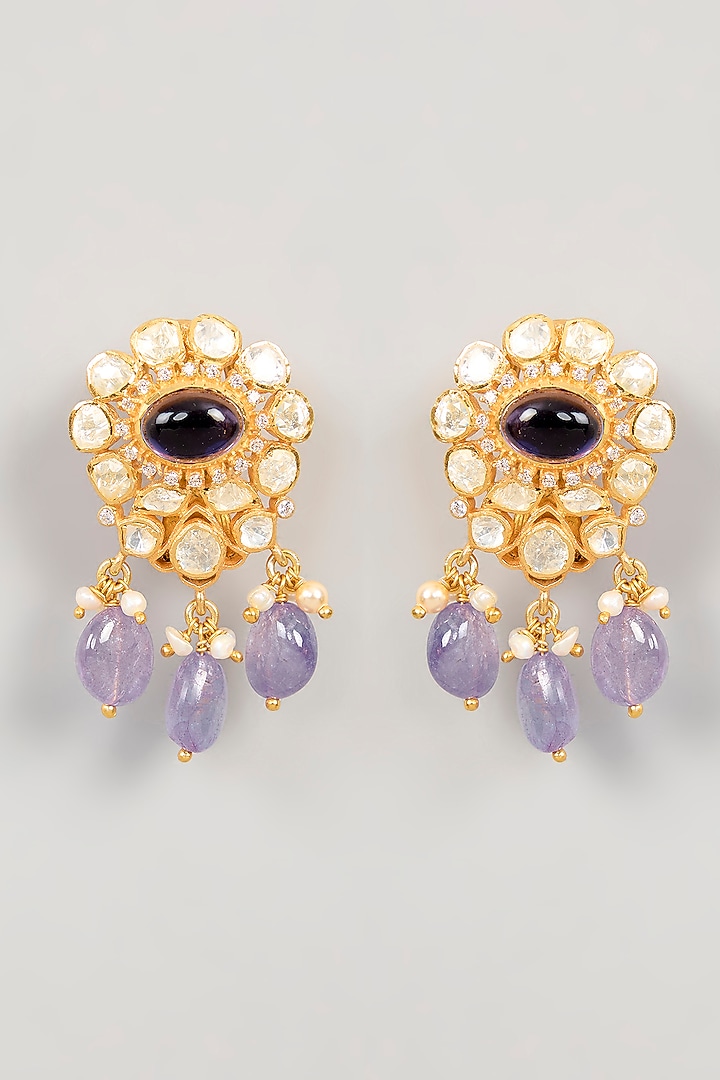 Gold Plated White Kundan Polki Drop Earrings In Sterling Silver by KARISA DESIGNS at Pernia's Pop Up Shop