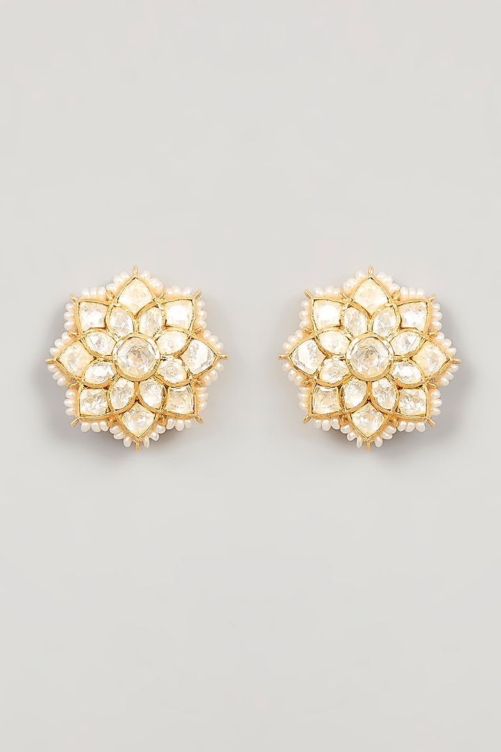 Gold Plated White Moissanite Polki & Pearl Stud Earrings In Sterling Silver by KARISA DESIGNS at Pernia's Pop Up Shop