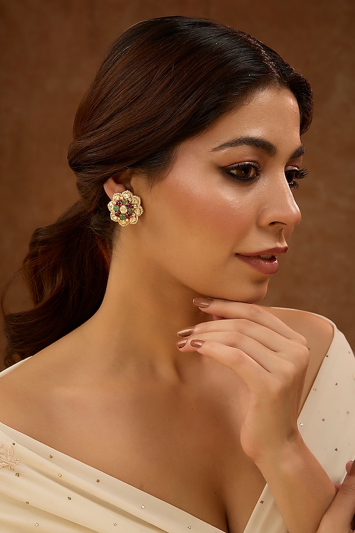 Gold Plated White Kundan Polki Stud Earrings In Sterling Silver by KARISA DESIGNS at Pernia's Pop Up Shop