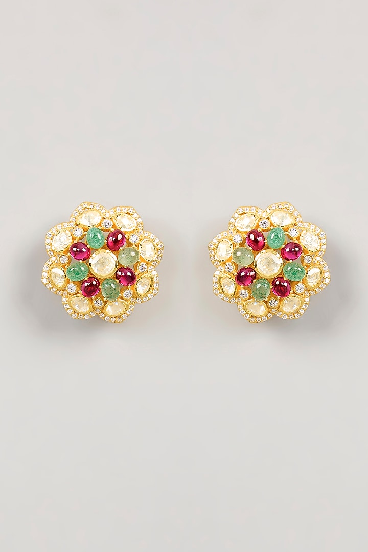 Gold Plated White Kundan Polki Stud Earrings In Sterling Silver by KARISA DESIGNS at Pernia's Pop Up Shop