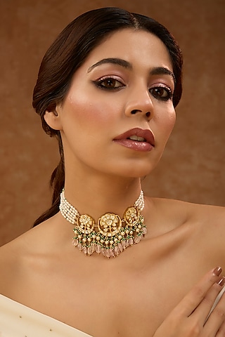 Gold Plated Green Kundan Polki Choker Necklace In Sterling Silver by KARISA DESIGNS