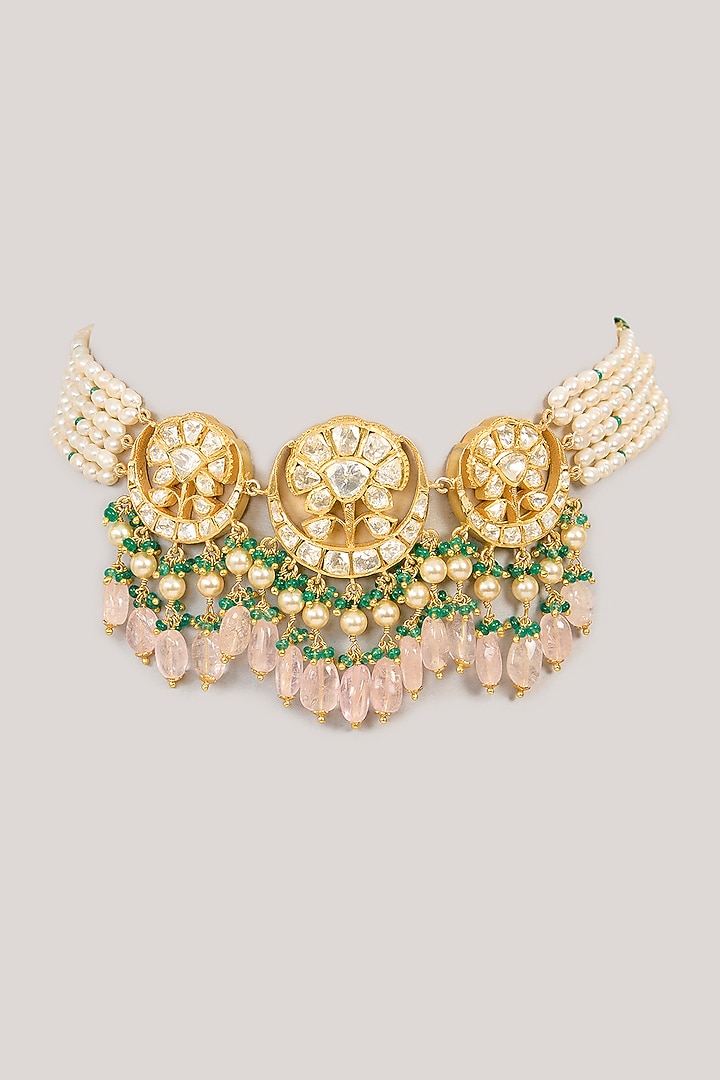 Gold Plated Green Kundan Polki Choker Necklace In Sterling Silver by KARISA DESIGNS at Pernia's Pop Up Shop