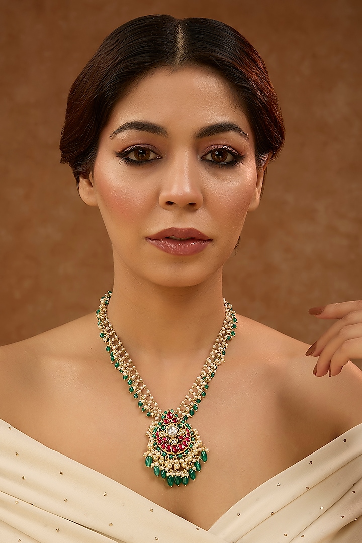 Gold Plated Green Kundan Polki & Beaded Necklace In Sterling Silver by KARISA DESIGNS at Pernia's Pop Up Shop