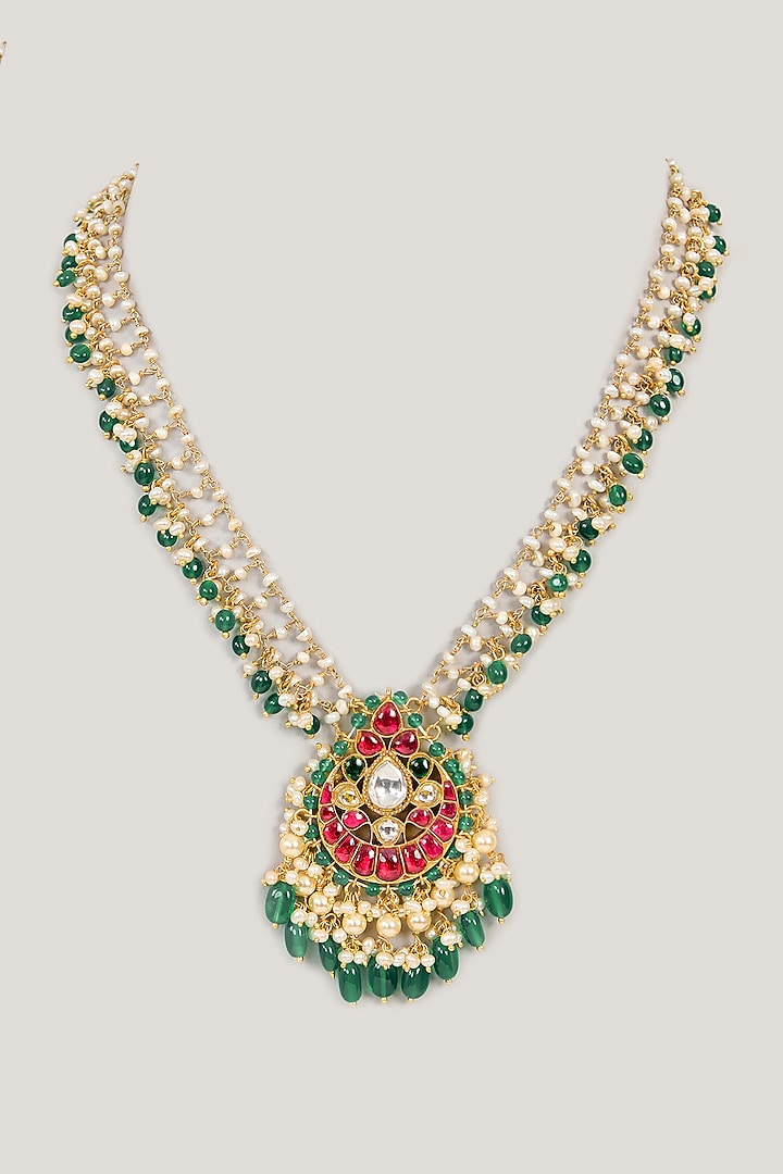 Gold Plated Green Kundan Polki & Beaded Necklace In Sterling Silver by KARISA DESIGNS at Pernia's Pop Up Shop