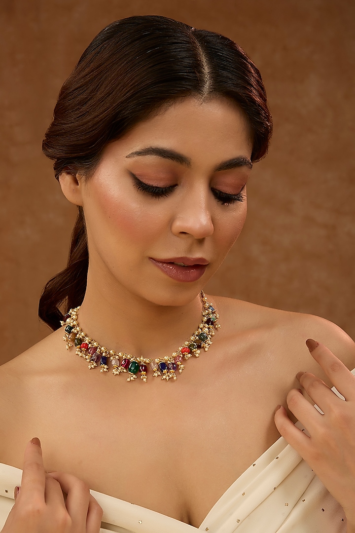 Gold Plated Navratna Stone Necklace In Sterling Silver by KARISA DESIGNS at Pernia's Pop Up Shop