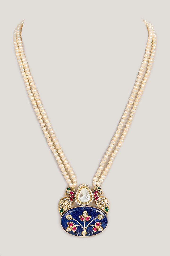 Gold Plated Blue Kundan Polki Peacock Necklace In Sterling Silver by KARISA DESIGNS at Pernia's Pop Up Shop