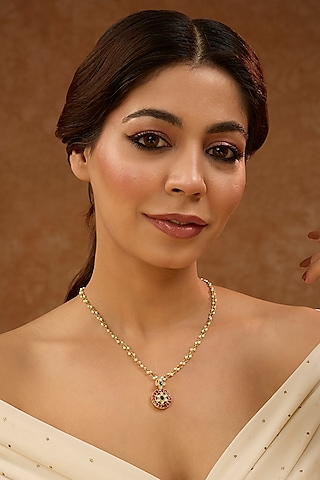 Gold Plated Red Kundan Polki Necklace In Sterling Silver by KARISA DESIGNS