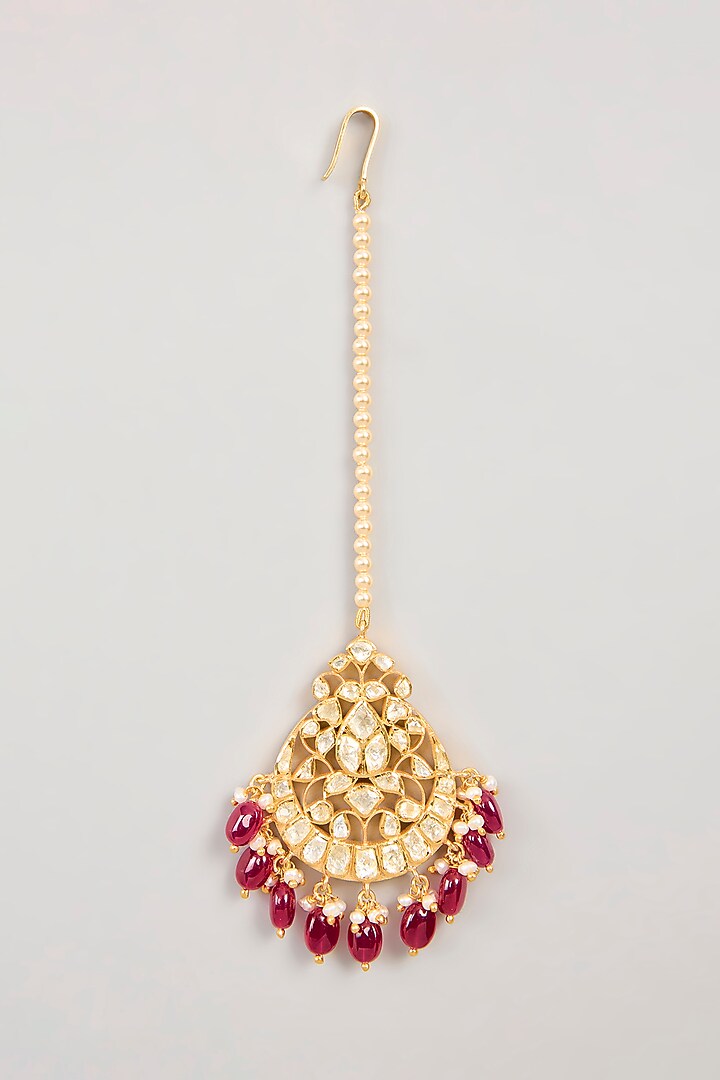 Gold Plated Red Kundan Polki Maang Tikka In Sterling Silver by KARISA DESIGNS at Pernia's Pop Up Shop