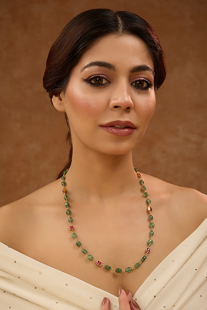 Gold Plated Green Kundan Polki Necklace In Sterling Silver by KARISA DESIGNS at Pernia's Pop Up Shop