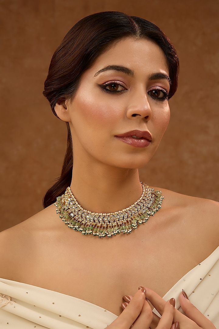 Gold Plated Green Kundan Polki Necklace In Sterling Silver by KARISA DESIGNS at Pernia's Pop Up Shop