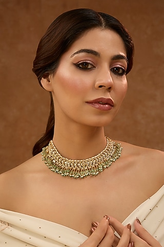 Gold Plated Green Kundan Polki Necklace In Sterling Silver by KARISA DESIGNS