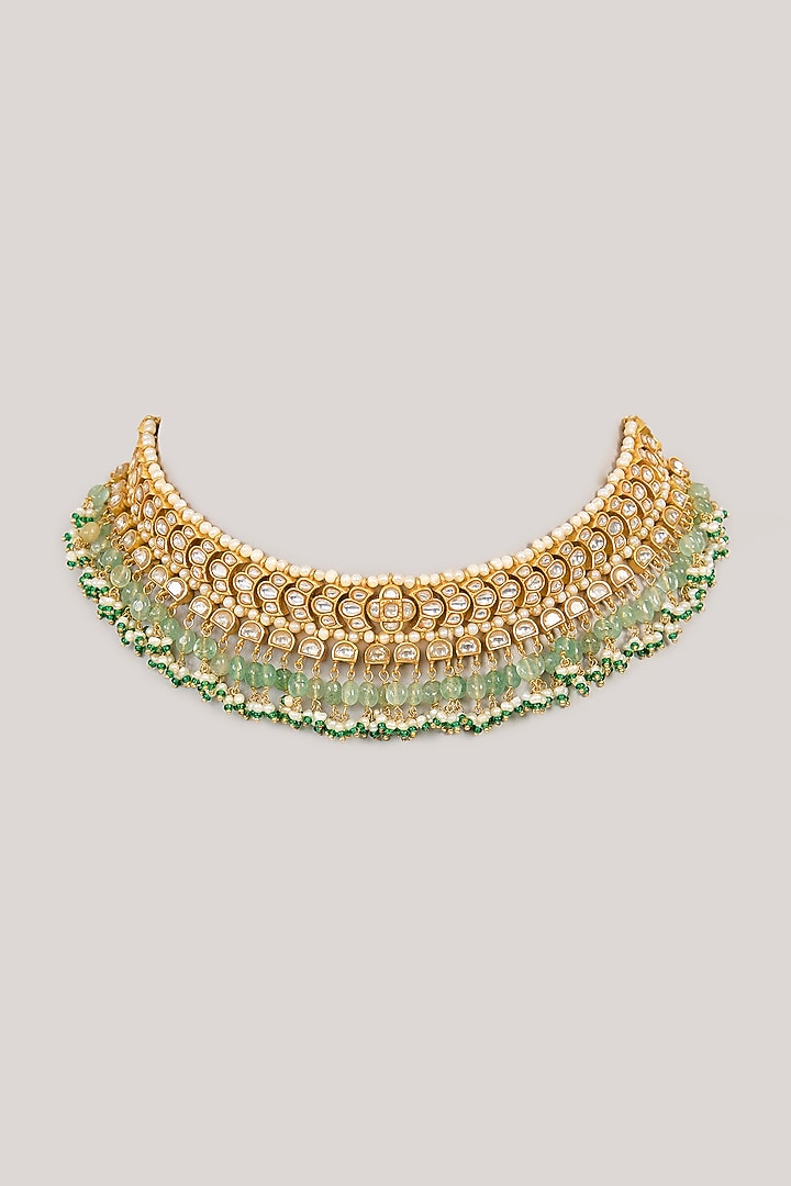 Gold Plated Green Kundan Polki Necklace In Sterling Silver by KARISA DESIGNS at Pernia's Pop Up Shop