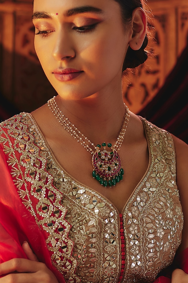 Gold Plated Red Kundan Polki Long Pendant Necklace In Sterling Silver by KARISA DESIGNS at Pernia's Pop Up Shop