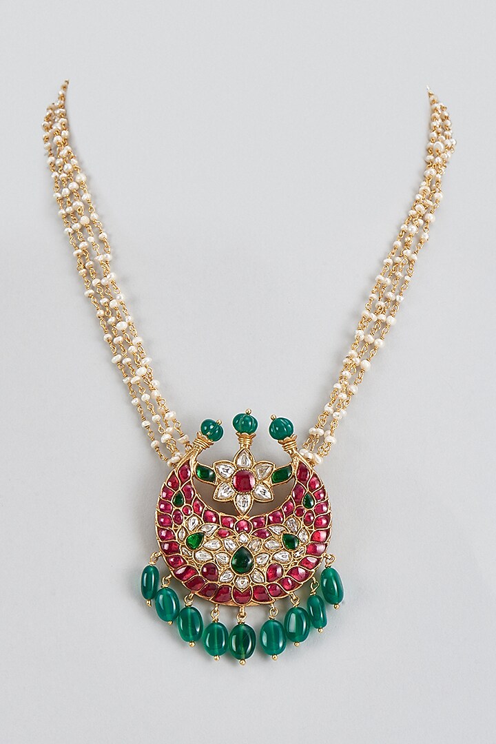 Gold Plated Red Kundan Polki Long Pendant Necklace In Sterling Silver by KARISA DESIGNS at Pernia's Pop Up Shop