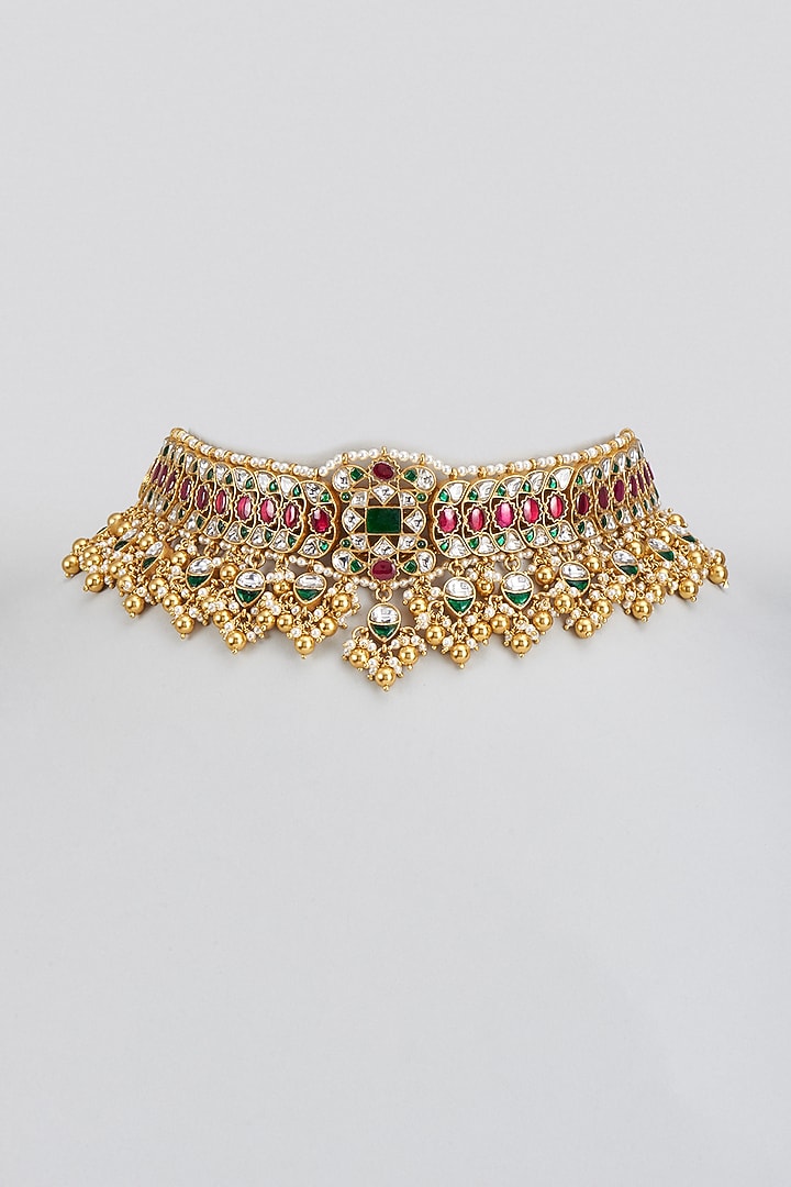 Gold Plated White Kundan Polki Choker Necklace In Sterling Silver by KARISA DESIGNS at Pernia's Pop Up Shop