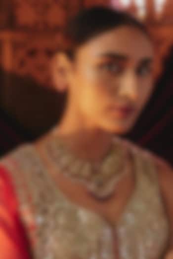 Gold Plated Red Kundan Polki Laxmi Temple Necklace In Sterling Silver by KARISA DESIGNS at Pernia's Pop Up Shop