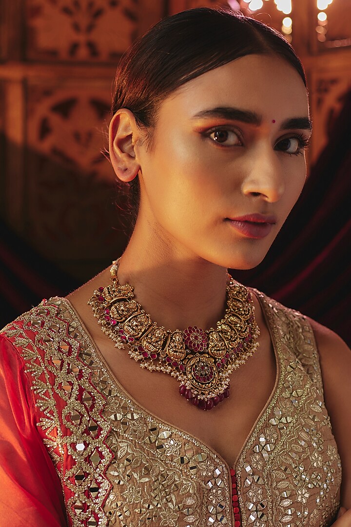 Gold Plated Red Kundan Polki Laxmi Temple Necklace In Sterling Silver by KARISA DESIGNS at Pernia's Pop Up Shop