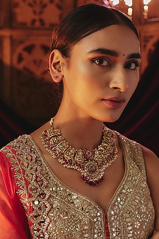 Gold Plated Red Kundan Polki Laxmi Temple Necklace In Sterling Silver by KARISA DESIGNS