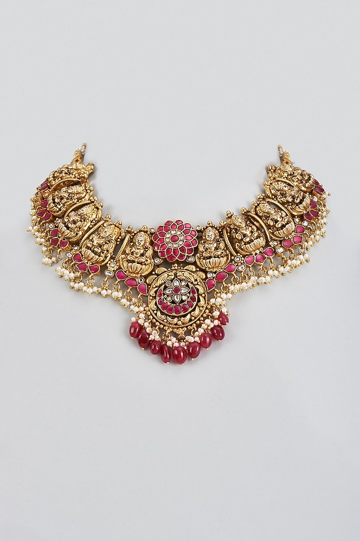 Gold Plated Red Kundan Polki Laxmi Temple Necklace In Sterling Silver by KARISA DESIGNS at Pernia's Pop Up Shop