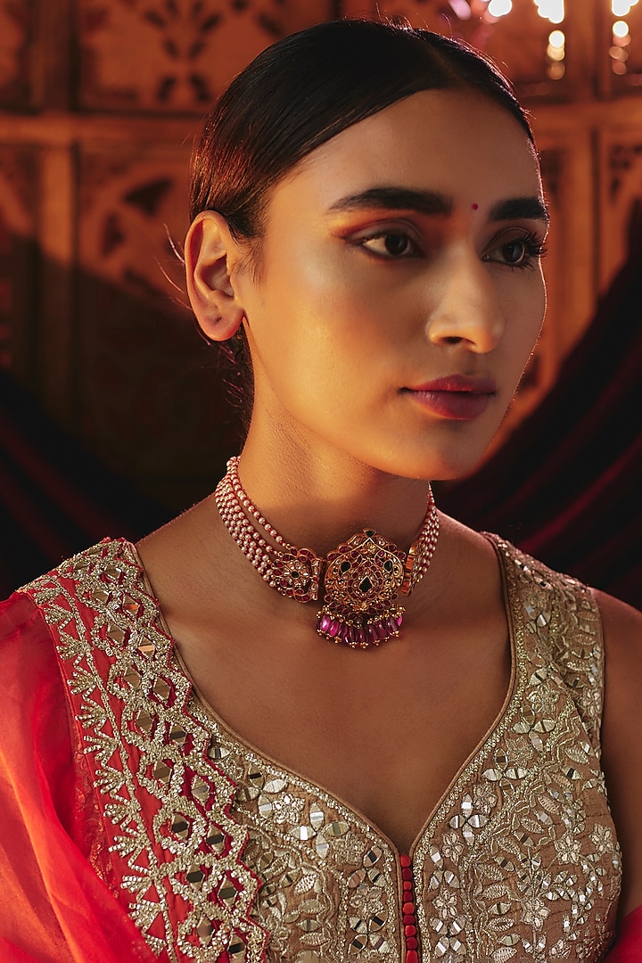 Gold Plated Red Kundan Polki Choker Necklace In Sterling Silver by KARISA DESIGNS at Pernia's Pop Up Shop