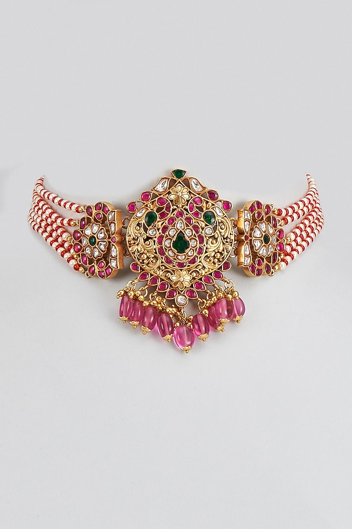 Gold Plated Red Kundan Polki Choker Necklace In Sterling Silver by KARISA DESIGNS at Pernia's Pop Up Shop