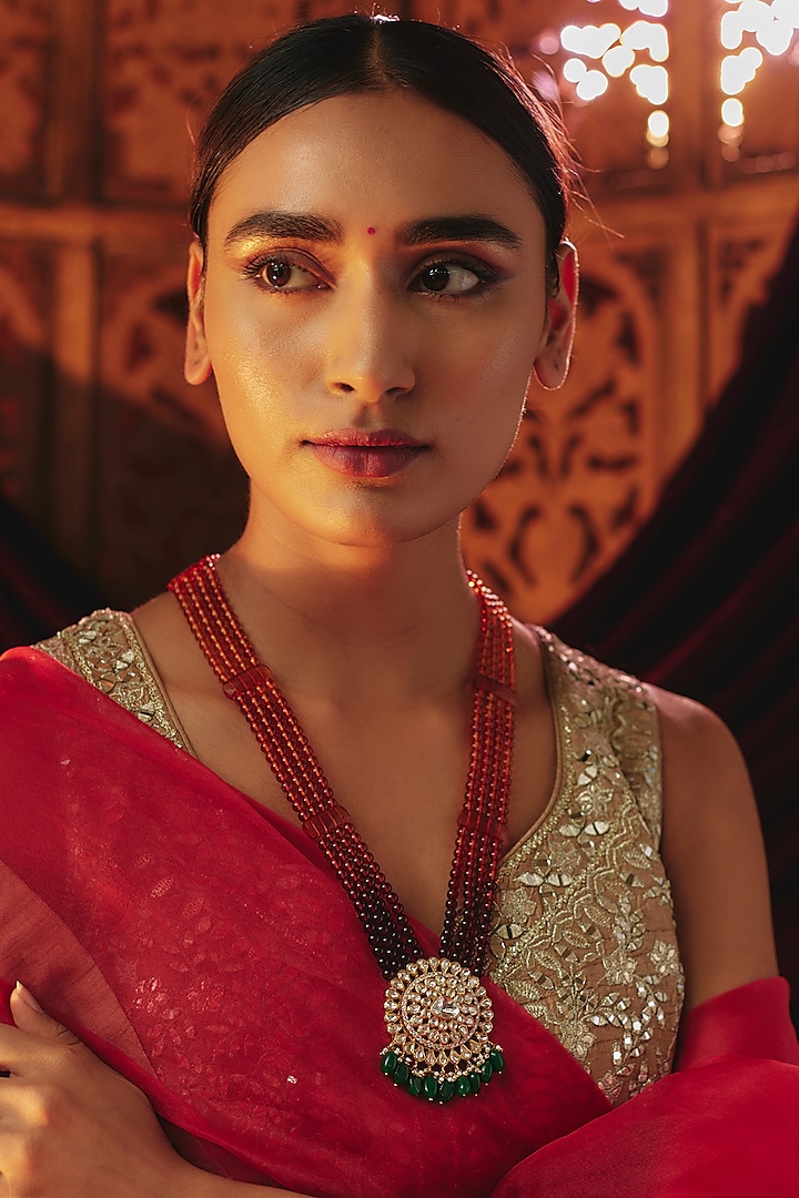 Gold Plated White Kundan Polki & Bead String Long Pendant Necklace In Sterling Silver by KARISA DESIGNS at Pernia's Pop Up Shop