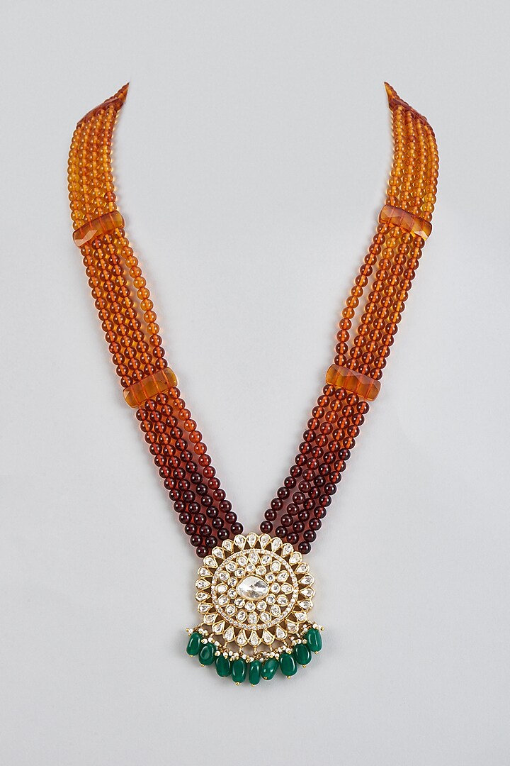 Gold Plated White Kundan Polki & Bead String Long Pendant Necklace In Sterling Silver by KARISA DESIGNS at Pernia's Pop Up Shop
