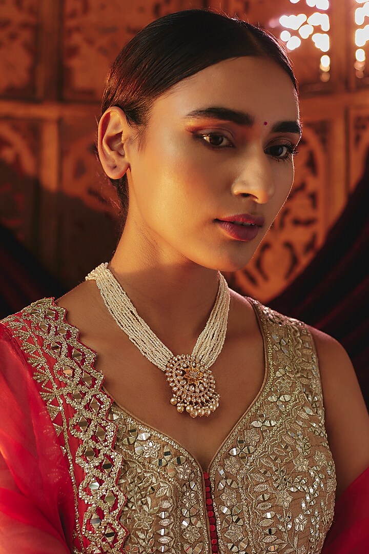 Gold Plated White Kundan Polki & Pearl String Long Floral Pendant Necklace In Sterling Silver by KARISA DESIGNS at Pernia's Pop Up Shop