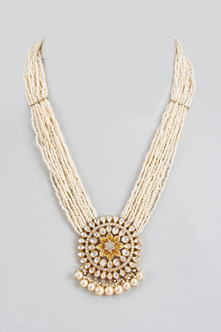 Gold Plated White Kundan Polki & Pearl String Long Floral Pendant Necklace In Sterling Silver by KARISA DESIGNS at Pernia's Pop Up Shop