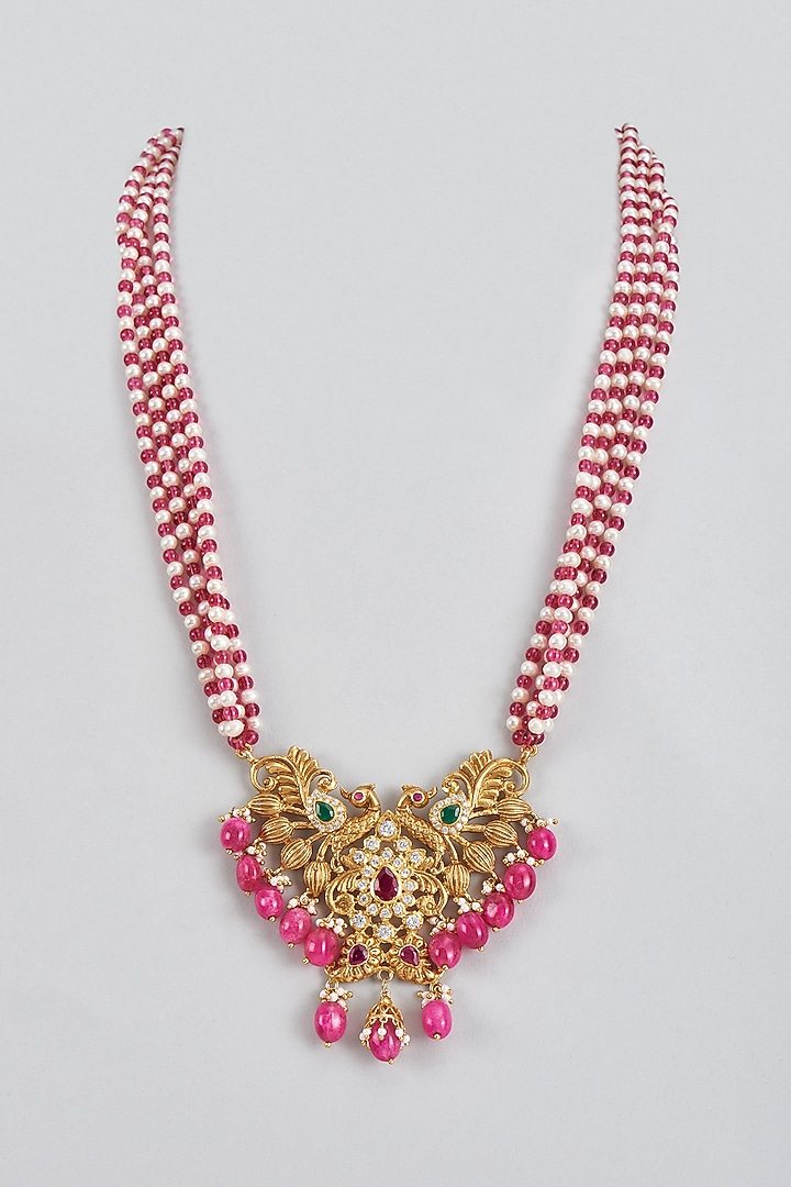 Gold Plated Pink Kundan Polki & Beaded Long Pendant Necklace In Sterling Silver by KARISA DESIGNS at Pernia's Pop Up Shop