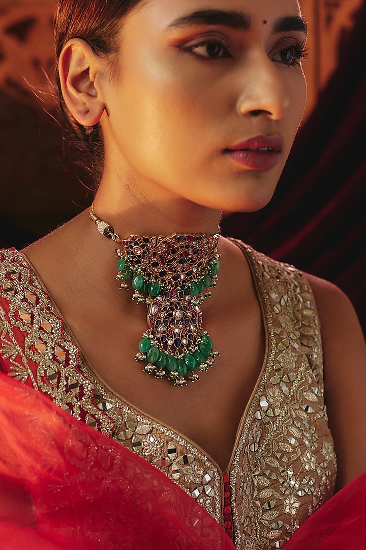 Gold Plated Green Kundan Polki & Beaded Choker Necklace In Sterling Silver by KARISA DESIGNS