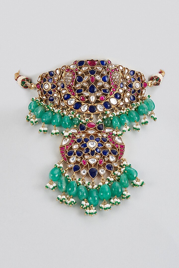 Gold Plated Green Kundan Polki & Beaded Choker Necklace In Sterling Silver by KARISA DESIGNS at Pernia's Pop Up Shop