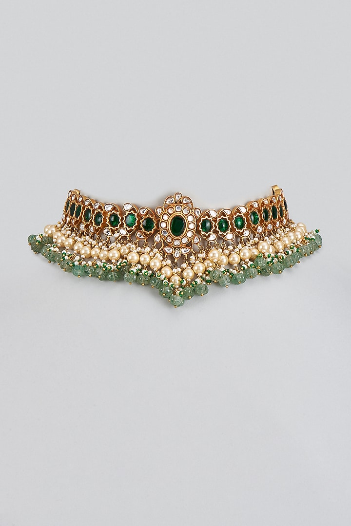 Gold Plated Green Kundan Polki & Pearl Choker Necklace In Sterling Silver by KARISA DESIGNS at Pernia's Pop Up Shop