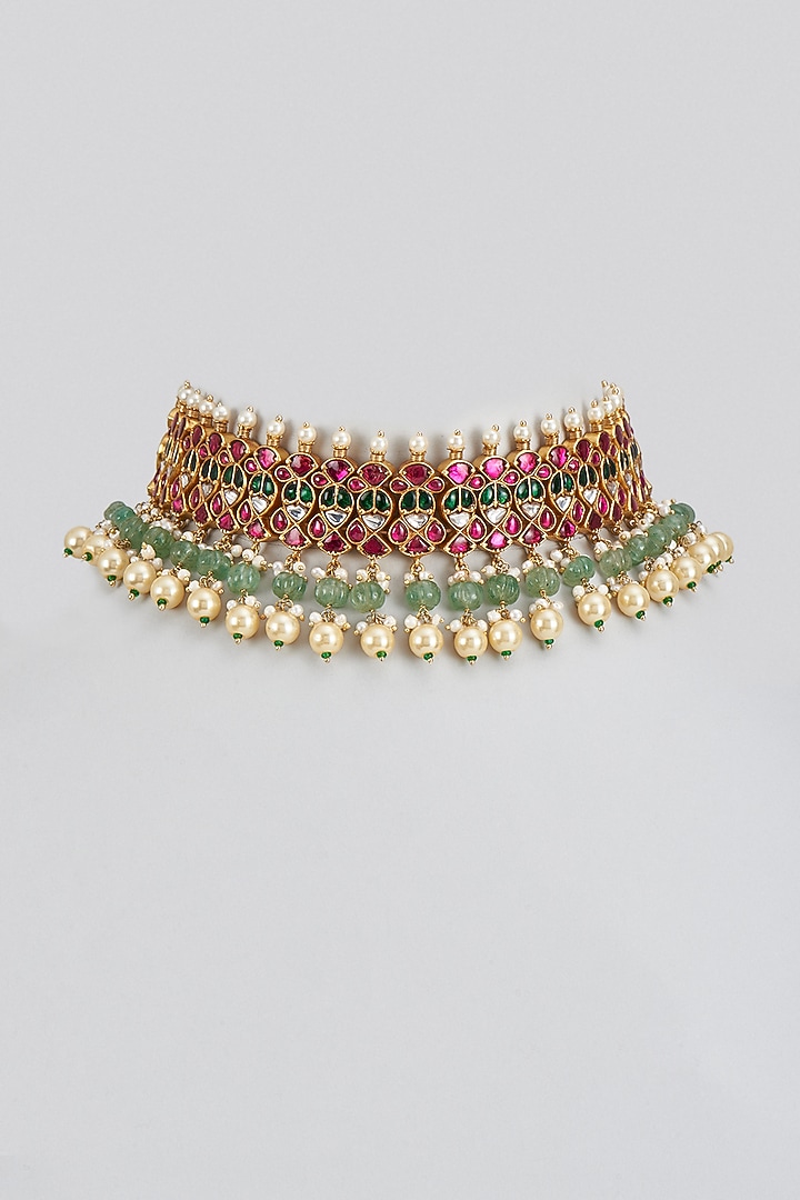 Gold Plated Red Kundan Polki & Pearl Choker Necklace In Sterling Silver by KARISA DESIGNS at Pernia's Pop Up Shop
