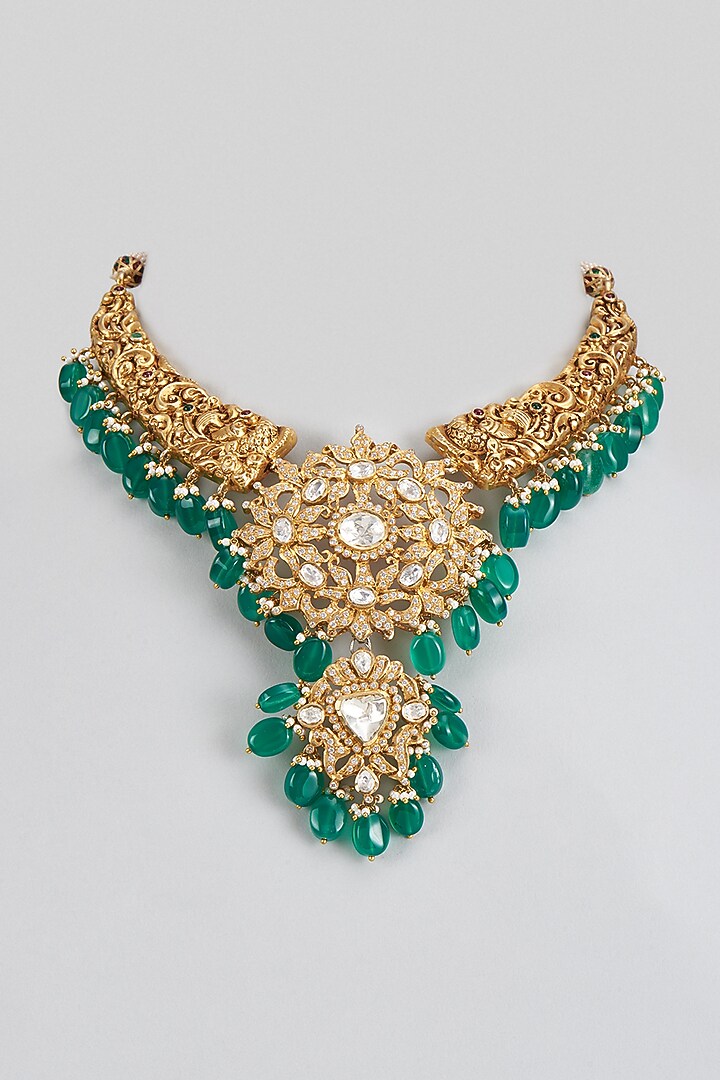 Gold Plated Kundan Polki & Beaded Temple Necklace In Sterling Silver by KARISA DESIGNS at Pernia's Pop Up Shop
