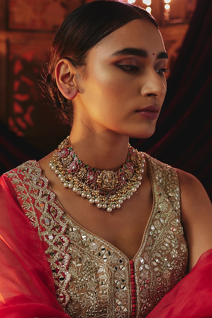 Gold Plated Kundan Polki & Pearl Temple Necklace In Sterling Silver by KARISA DESIGNS at Pernia's Pop Up Shop