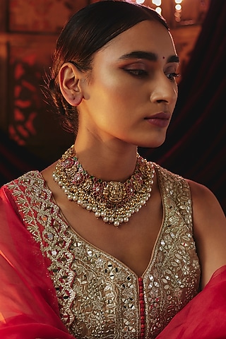 Gold Plated Kundan Polki & Pearl Temple Necklace In Sterling Silver by KARISA DESIGNS