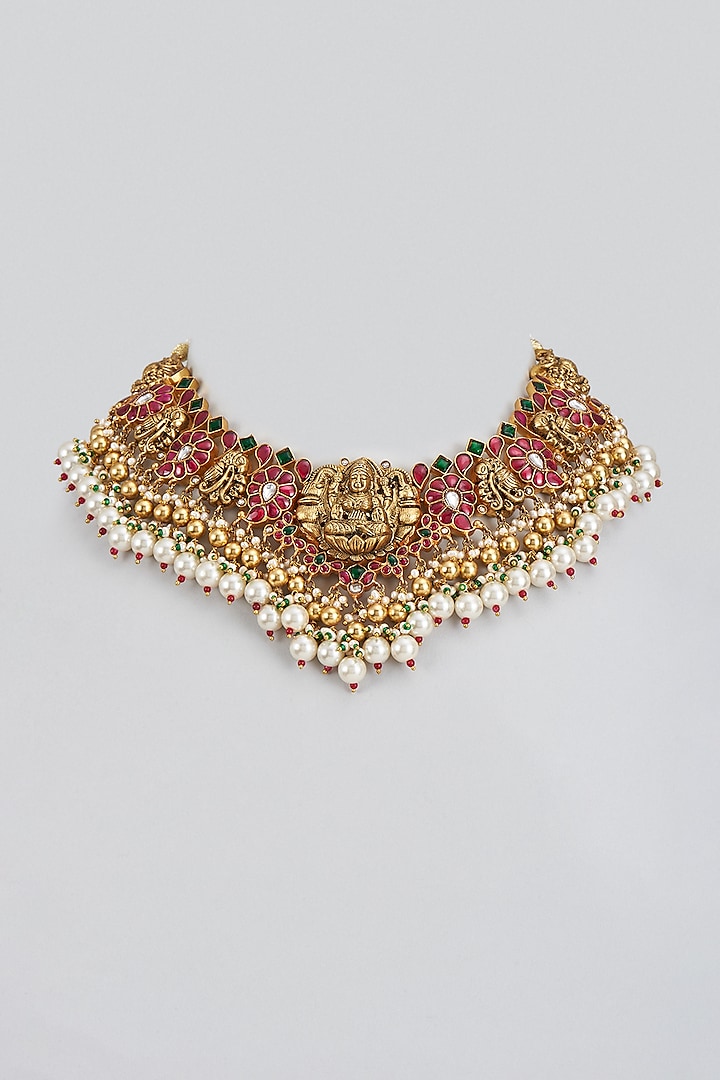 Gold Plated Kundan Polki & Pearl Temple Necklace In Sterling Silver by KARISA DESIGNS at Pernia's Pop Up Shop