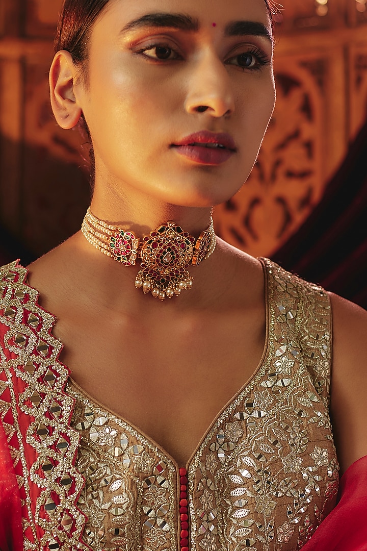Gold Plated Kundan Polki & Pearl Choker Necklace In Sterling Silver by KARISA DESIGNS at Pernia's Pop Up Shop