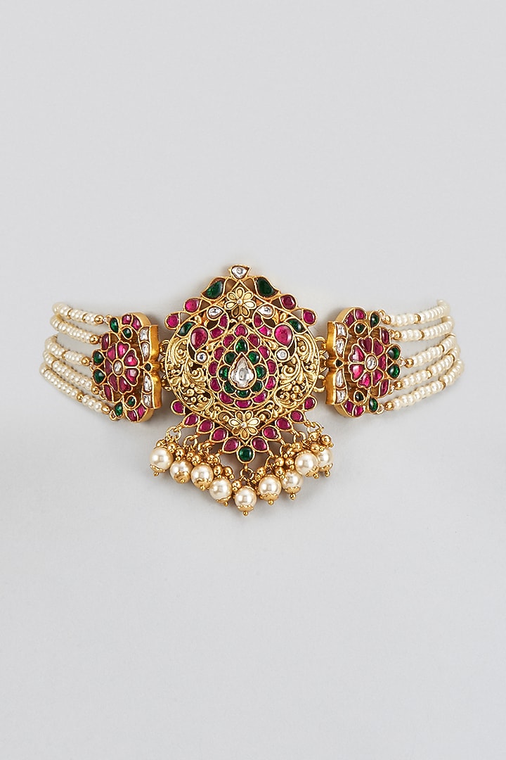 Gold Plated Kundan Polki & Pearl Choker Necklace In Sterling Silver by KARISA DESIGNS at Pernia's Pop Up Shop