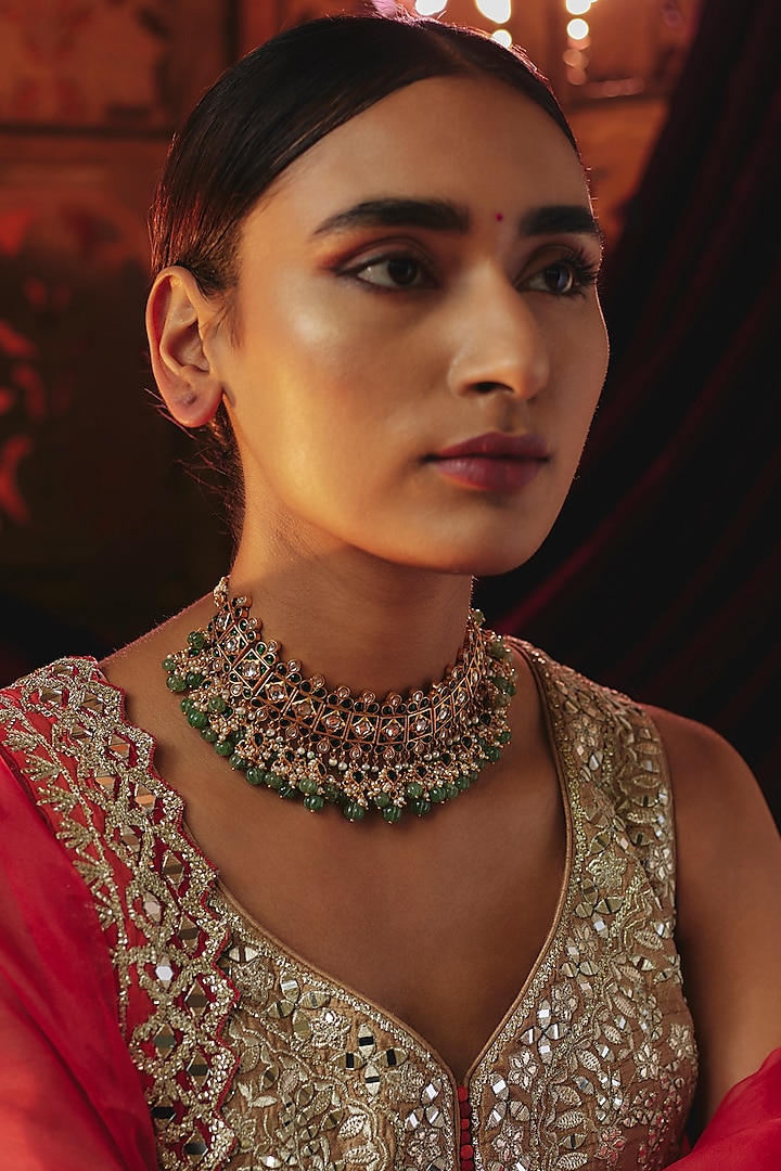 Gold Plated Green Kundan Polki & Beaded Necklace In Sterling Silver by KARISA DESIGNS at Pernia's Pop Up Shop
