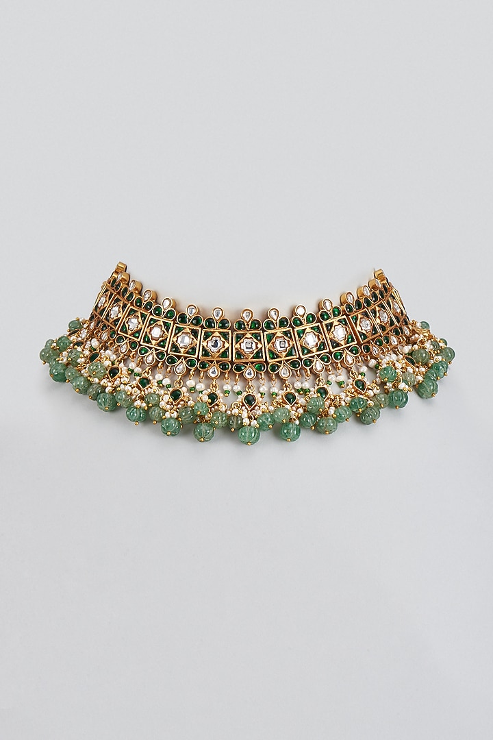 Gold Plated Green Kundan Polki & Beaded Necklace In Sterling Silver by KARISA DESIGNS at Pernia's Pop Up Shop
