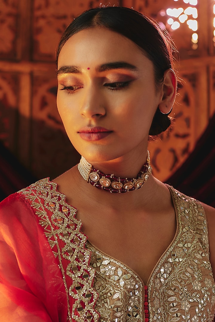 Gold Plated Red Kundan Polki & Pearl Choker Necklace In Sterling Silver by KARISA DESIGNS at Pernia's Pop Up Shop