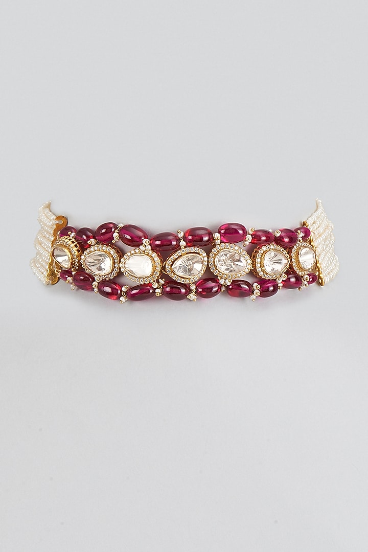 Gold Plated Red Kundan Polki & Pearl Choker Necklace In Sterling Silver by KARISA DESIGNS at Pernia's Pop Up Shop