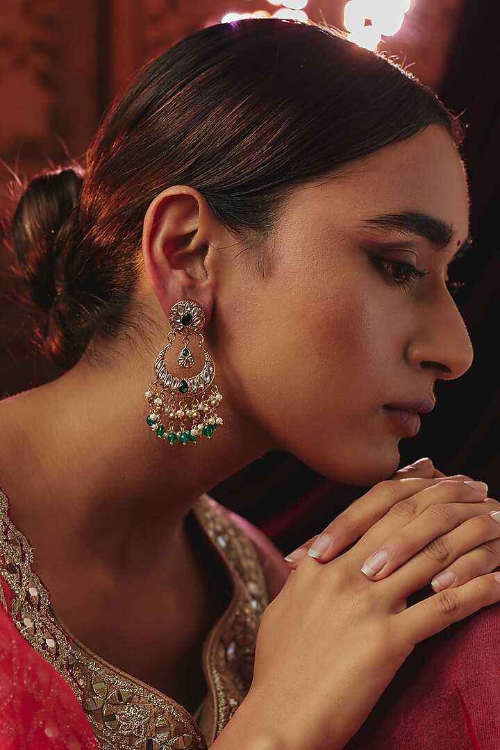 Gold Plated Green Kundan Polki Chandbali Earrings In Sterling Silver by KARISA DESIGNS at Pernia's Pop Up Shop