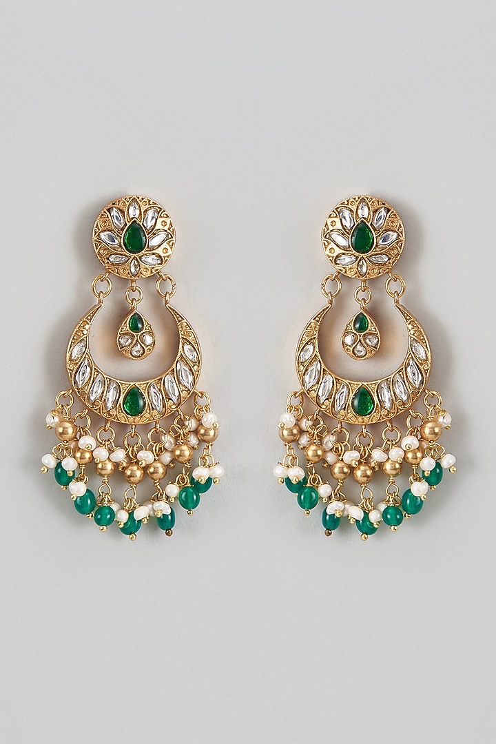 Gold Plated Green Kundan Polki Chandbali Earrings In Sterling Silver by KARISA DESIGNS at Pernia's Pop Up Shop