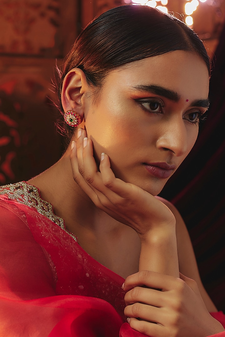 Gold Plated Red Kundan Polki Stud Earrings In Sterling Silver by KARISA DESIGNS at Pernia's Pop Up Shop