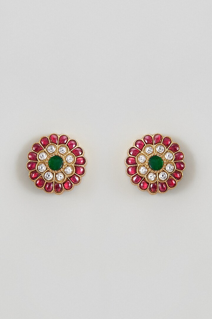 Gold Plated Red Kundan Polki Stud Earrings In Sterling Silver by KARISA DESIGNS at Pernia's Pop Up Shop