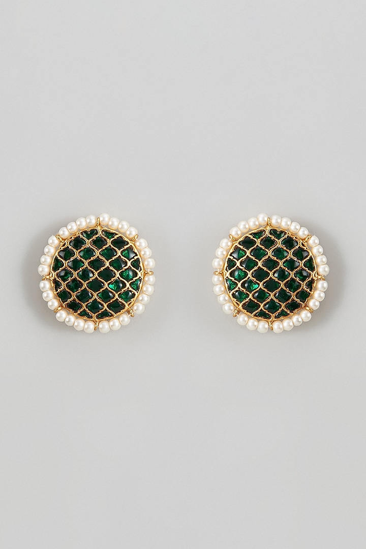 Gold Plated Green Kundan Polki Stud Earrings In Sterling Silver by KARISA DESIGNS at Pernia's Pop Up Shop